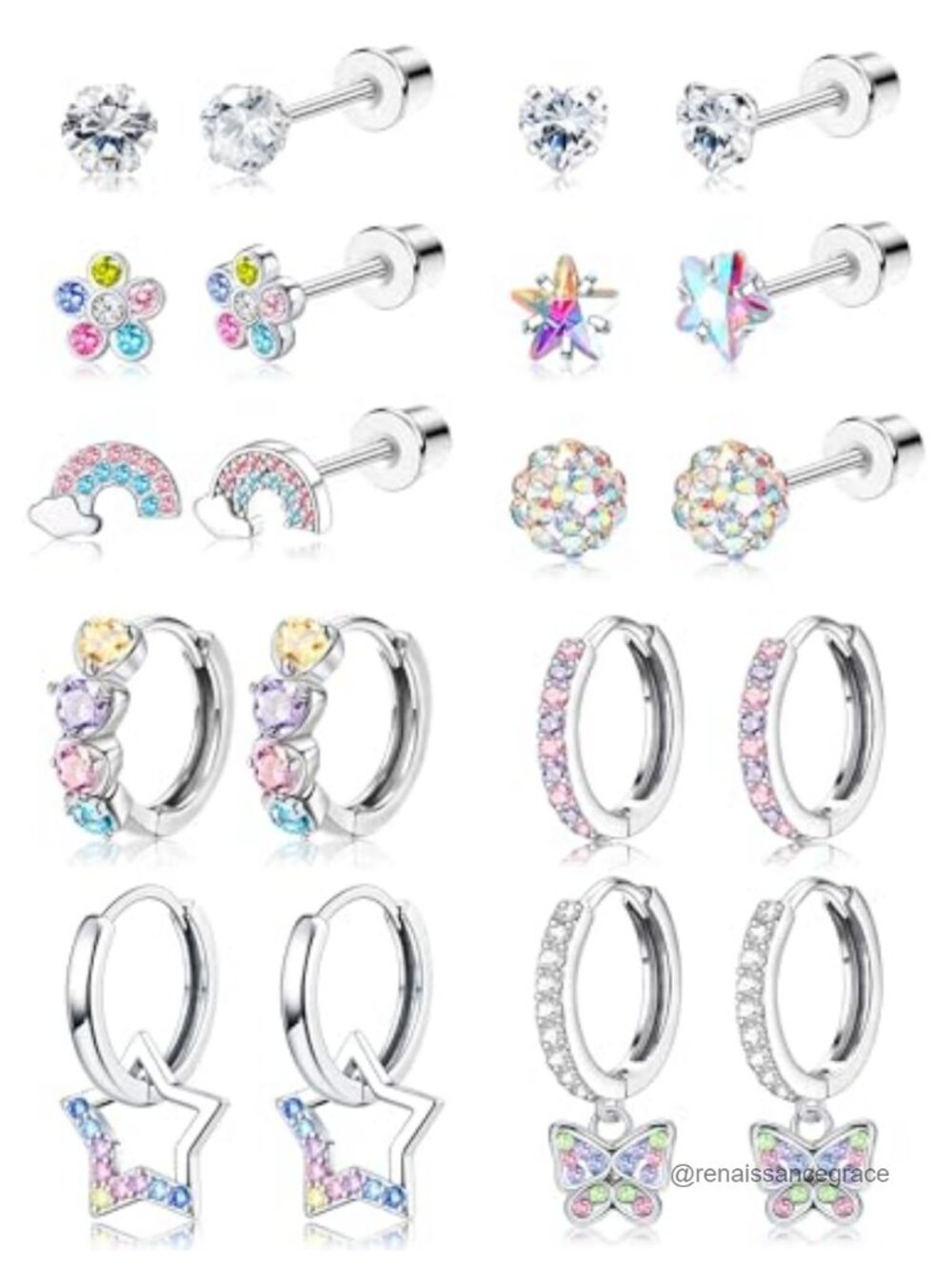 10 Pairs Hypoallergenic Stud Hoop Earrings Set Surgical Steel CZ for Girls Teens